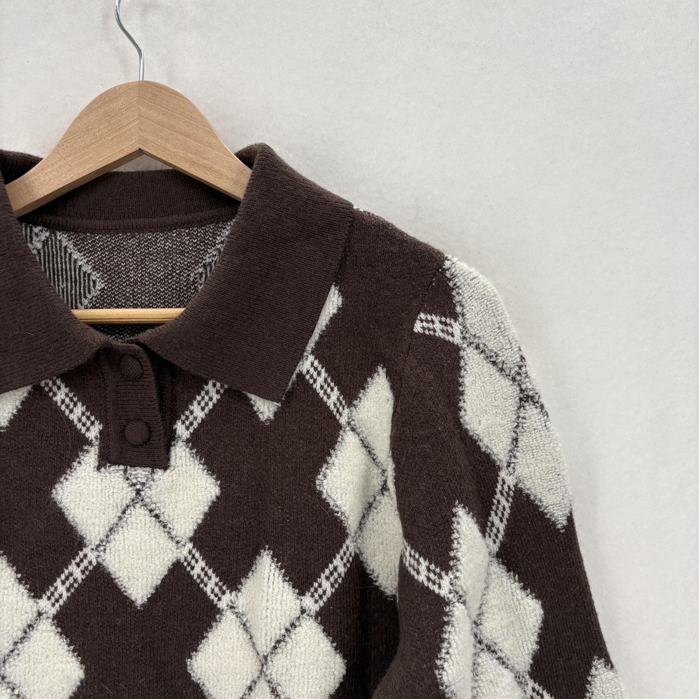 COMMENSE Sweater Womens Medium Brown Argyle Collared Knit Pullover Preppy Polo - Picture 2 of 12